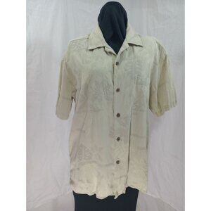 Vintage Beige Hawaiian Button-Up Shirt W/ Tropical Leaf Print & Short Sleeves